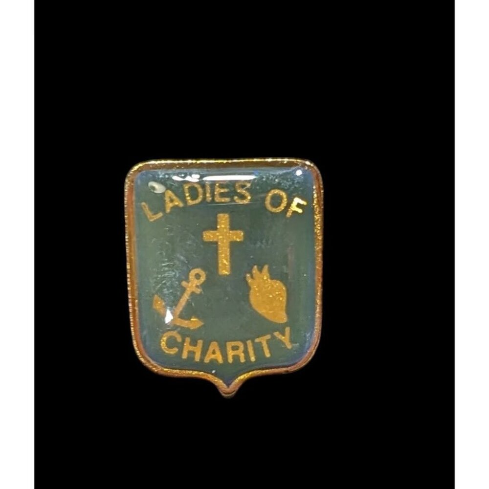 Vintage Ladies Of Charity Enamel Gold-Tone Shield Pin Badge Vintage Religious Em